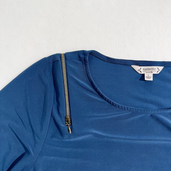 Nanette Lepore Collection Blouse Woman L Blue Zipper Exposed Shoulder 3/4 Sleeve - Picture 4 of 9